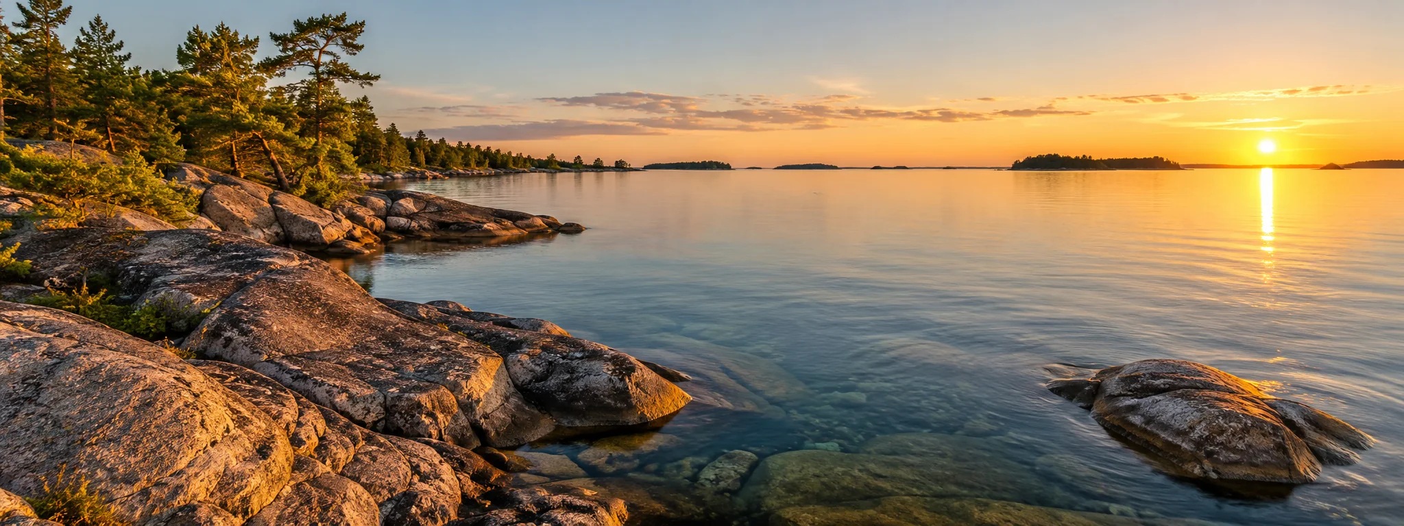 A calm Georgian Bay shoreline in Ontario